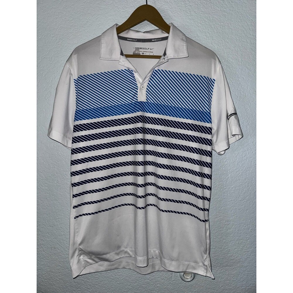 Nike Golf Dri-FIT Polo Shirt Mens M White Blue Striped Performance Golf